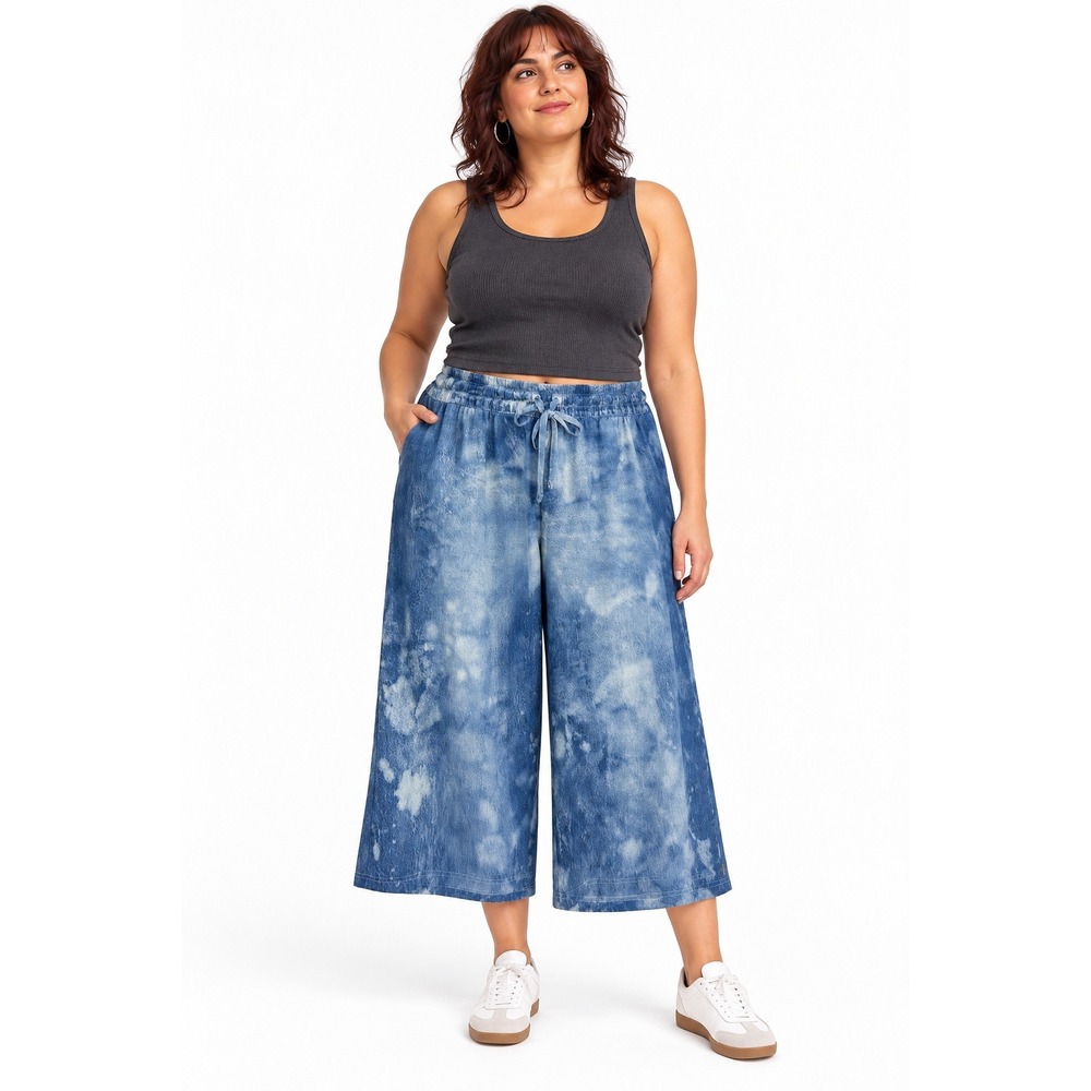 Lucy Denim Print Wide Leg Crop Pants L Blue Drawstring Y2K Athleisure Indie